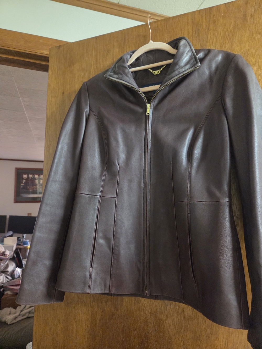 Cole Haan Dark Burgundy Leather Zip Front Jacket